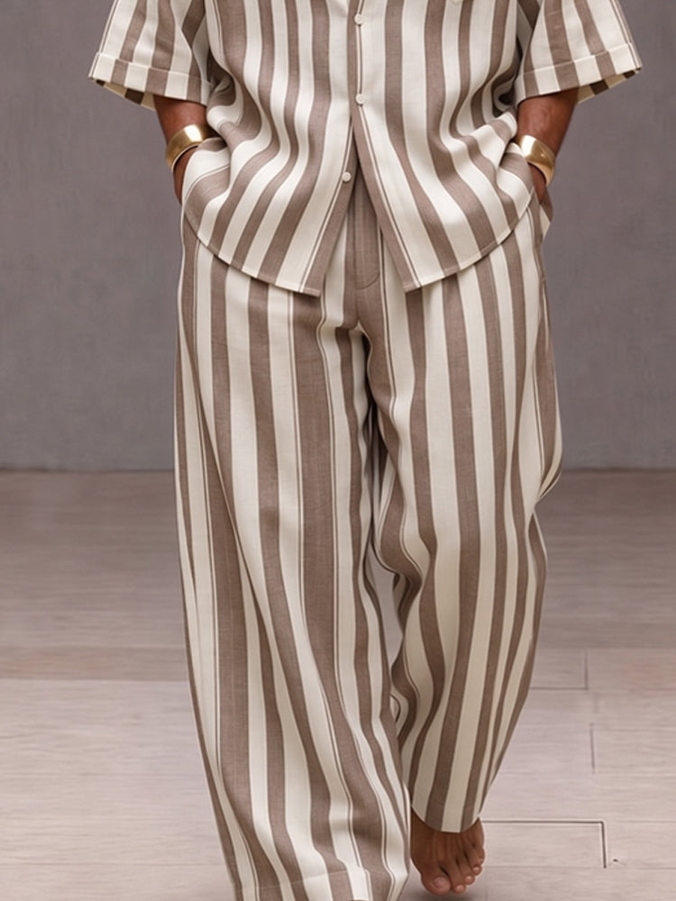 Versatile Loose Fit Wide Striped Shirt Pants Set - Khaki