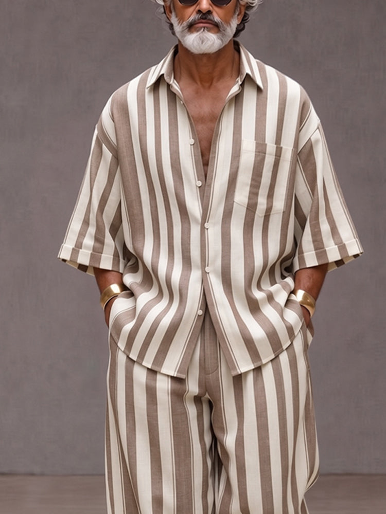 Versatile Loose Fit Wide Striped Shirt Pants Set - Khaki