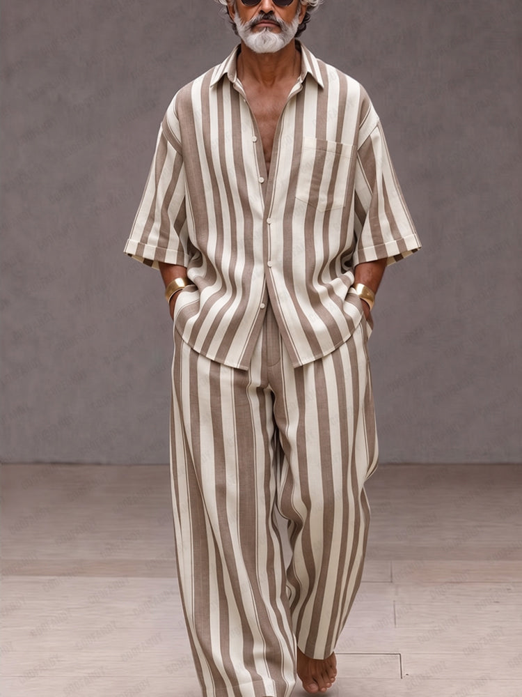 Versatile Loose Fit Wide Striped Shirt Pants Set - Khaki