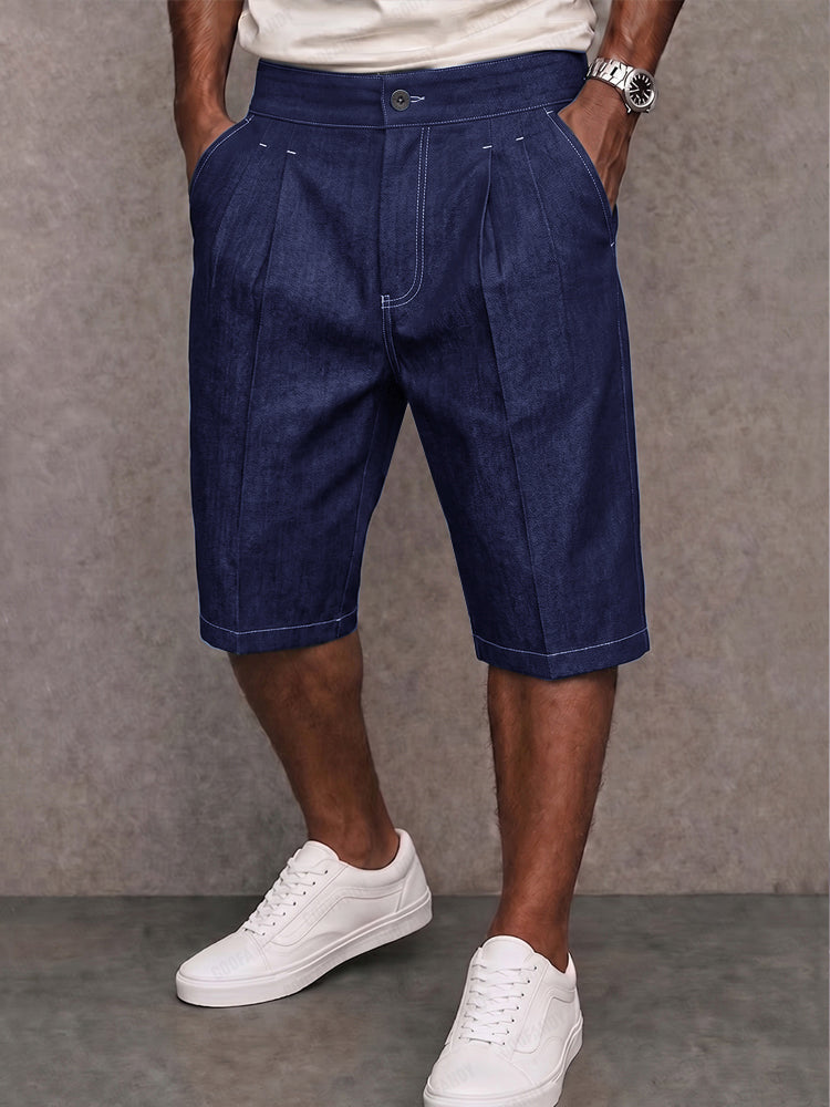 Stylish Contrast Stitching Stretchy Denim Shorts - Dark Blue