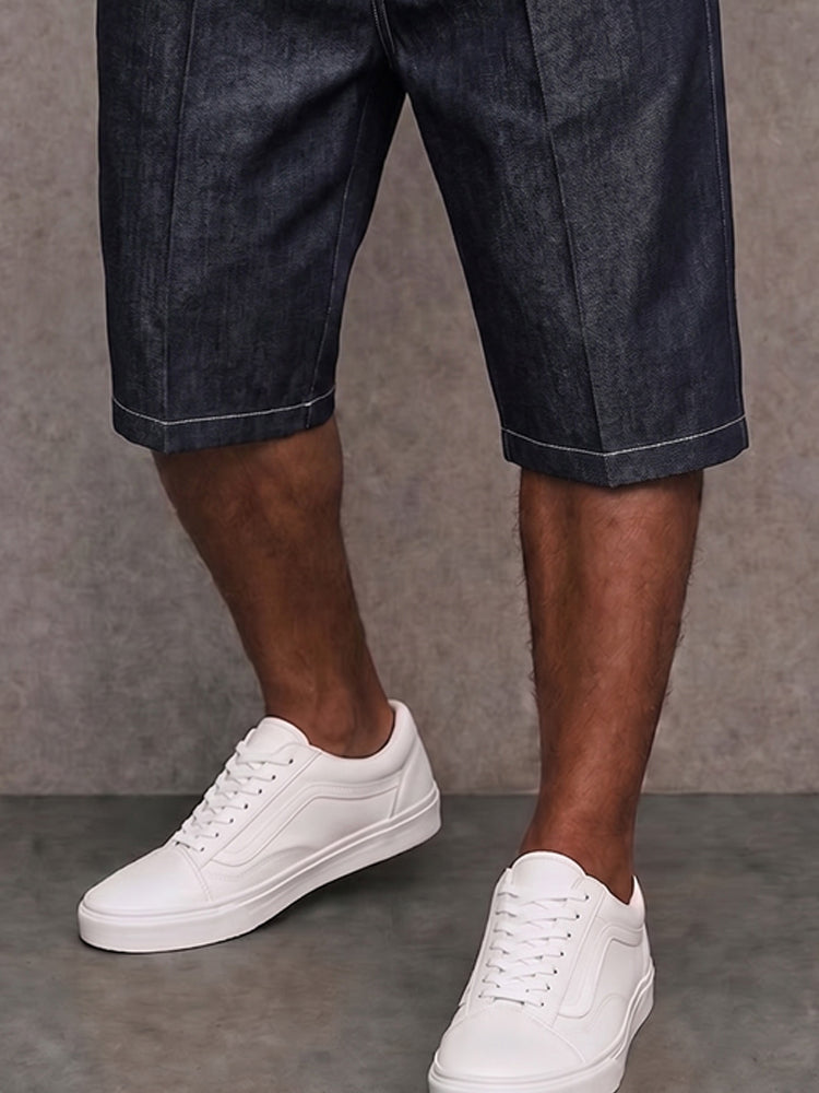 Stylish Contrast Stitching Stretchy Denim Shorts - Navy Blue