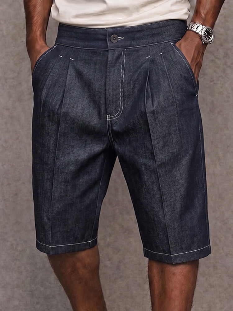 Stylish Contrast Stitching Stretchy Denim Shorts - Navy Blue