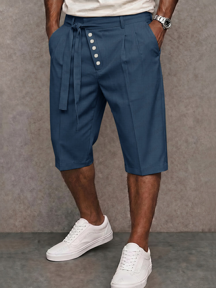 Casual Tie Waist Slant Placket Suit Shorts - Blue