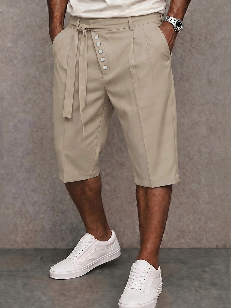 Casual Tie Waist Slant Placket Suit Shorts - Apricot