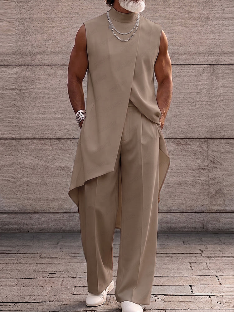Asymmetrical High Low Hem Longline Sleeveless Top Set - Khaki