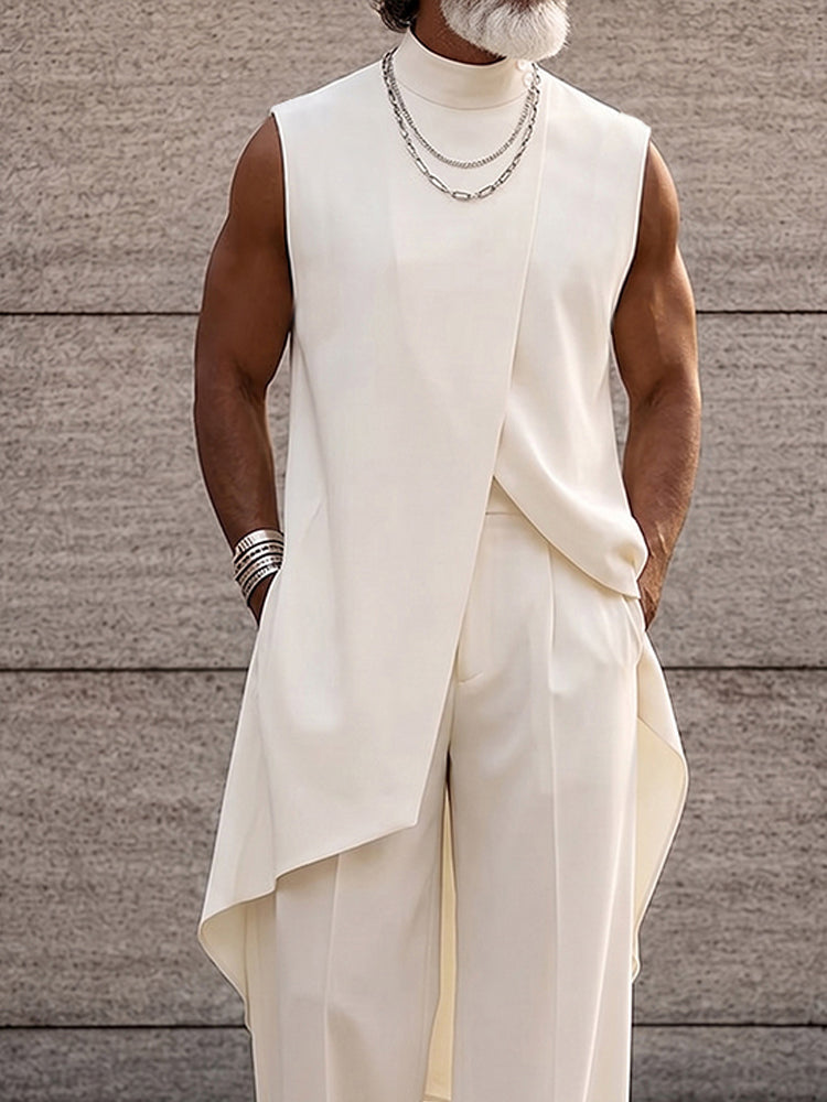 Asymmetrical High Low Hem Longline Sleeveless Top Set - White