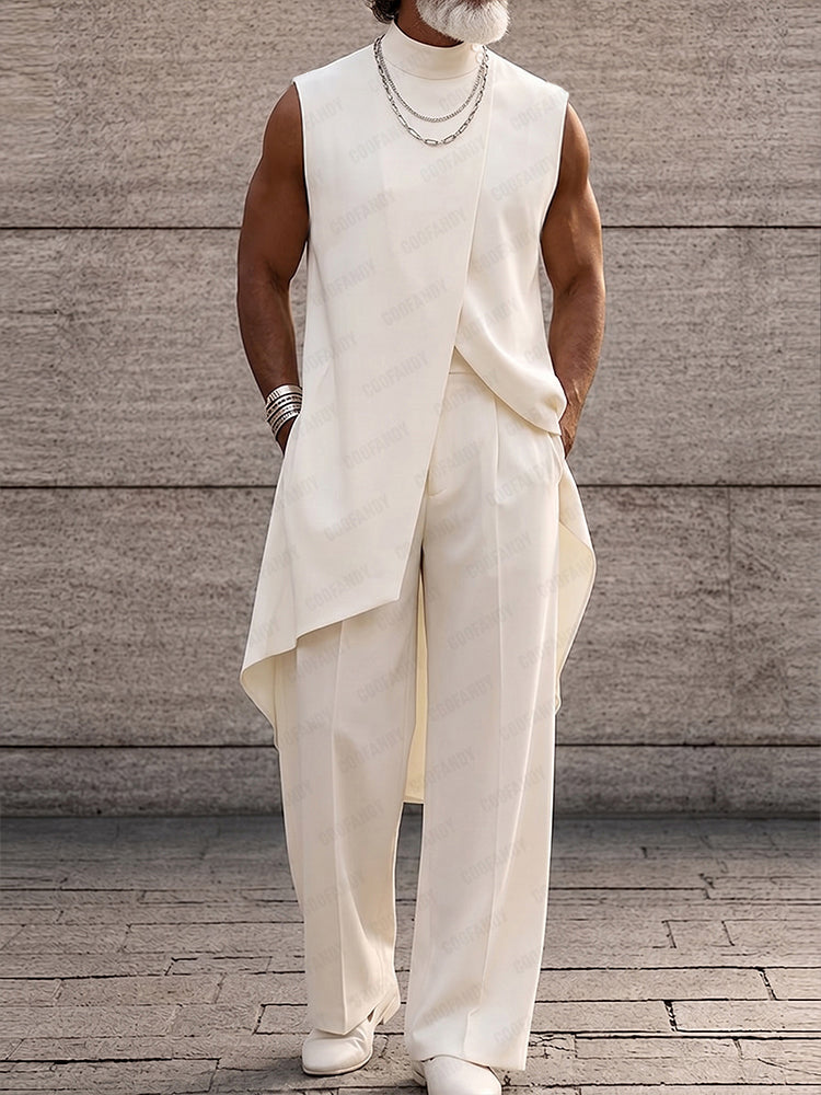 Asymmetrical High Low Hem Longline Sleeveless Top Set - White