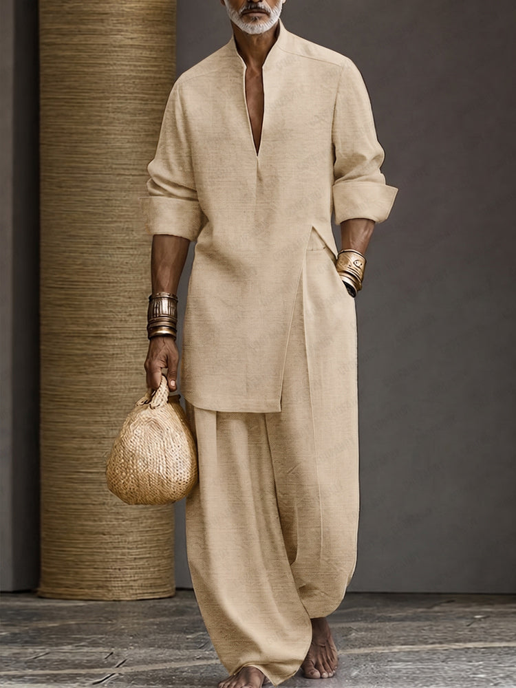 Minimalist 100% Cotton Slit Longline Top Pants Set - Beige