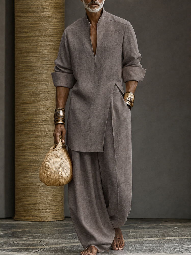 Minimalist 100% Cotton Slit Longline Top Pants Set - Dark Khaki