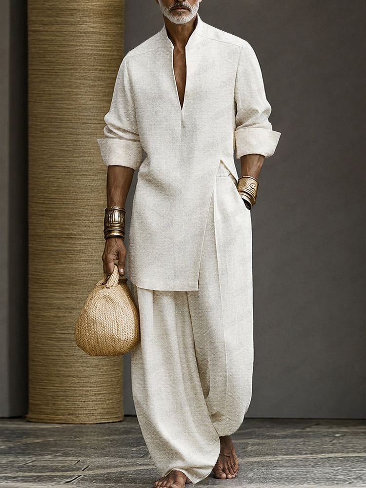 Minimalist 100% Cotton Slit Longline Top Pants Set - White