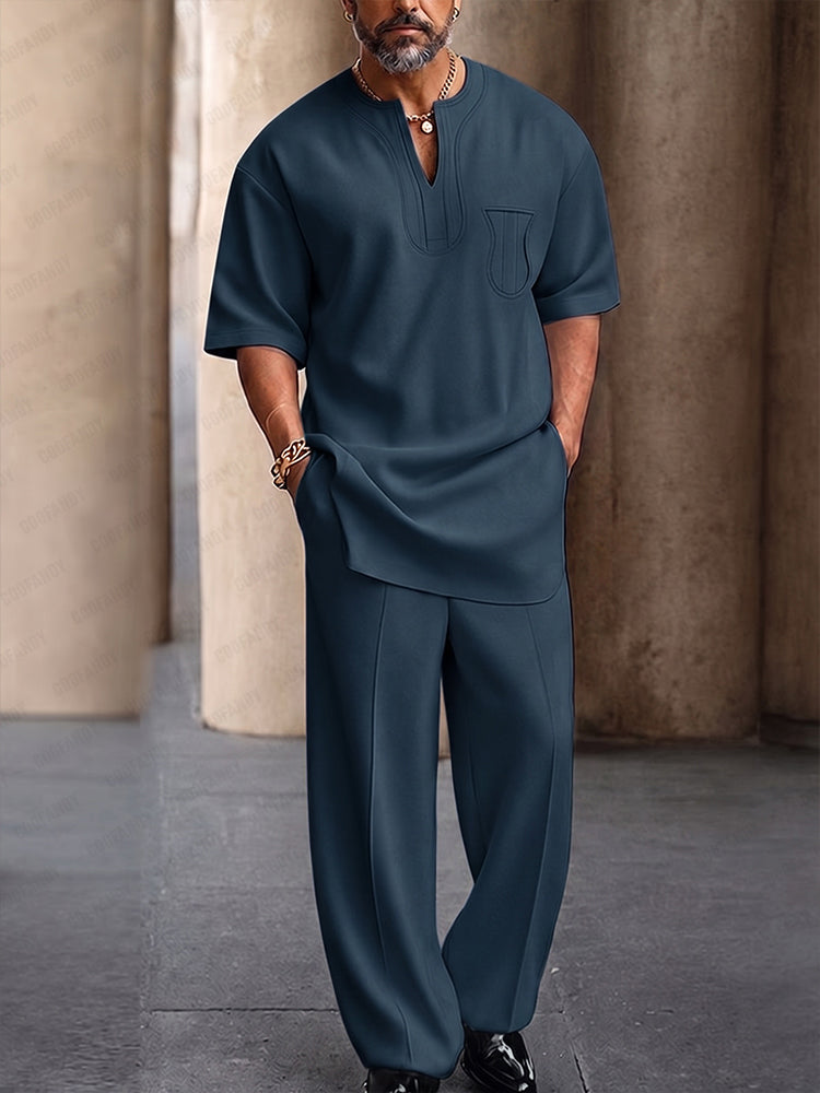 Casual Chest Decoration Longline Top Pants Set - Navy Blue