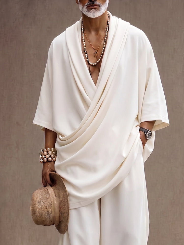 Effortless Loose Draped Cross-Front Longline Top Set - White