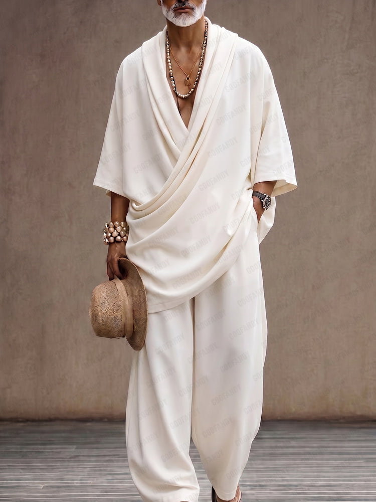 Effortless Loose Draped Cross-Front Longline Top Set - White