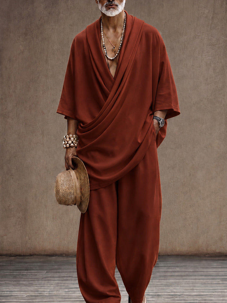 Effortless Loose Draped Cross-Front Longline Top Set - Wine Red