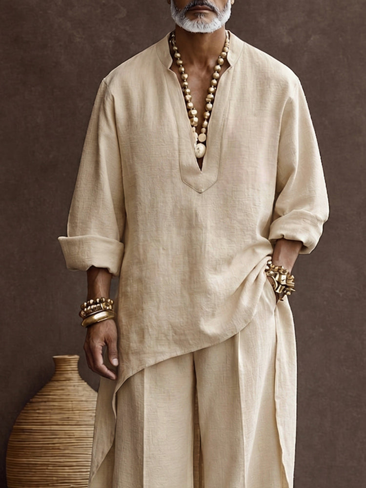 Zen-inspired 100% Cotton High Low Hem Longline Top Set - Apricot