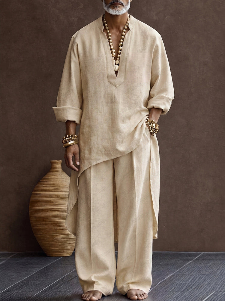 Zen-inspired 100% Cotton High Low Hem Longline Top Set - Apricot