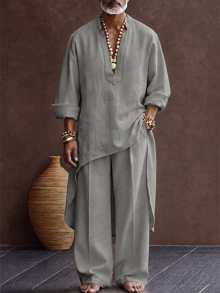 Zen-inspired 100% Cotton High Low Hem Longline Top Set - Gray