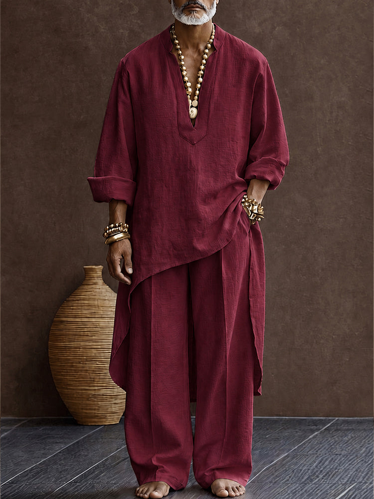 Zen-inspired 100% Cotton High Low Hem Longline Top Set - Wine Red
