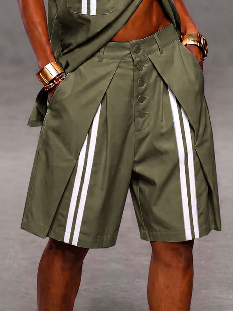Casual Patchwork Detail Button Front Stripe Shorts - Army Green