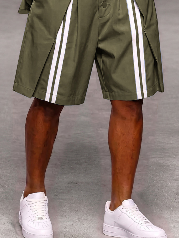 Casual Patchwork Detail Button Front Stripe Shorts - Army Green