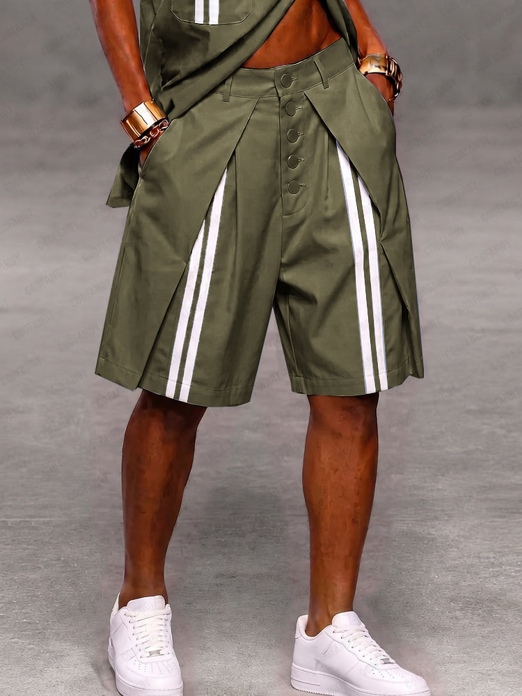 Casual Patchwork Detail Button Front Stripe Shorts - Army Green
