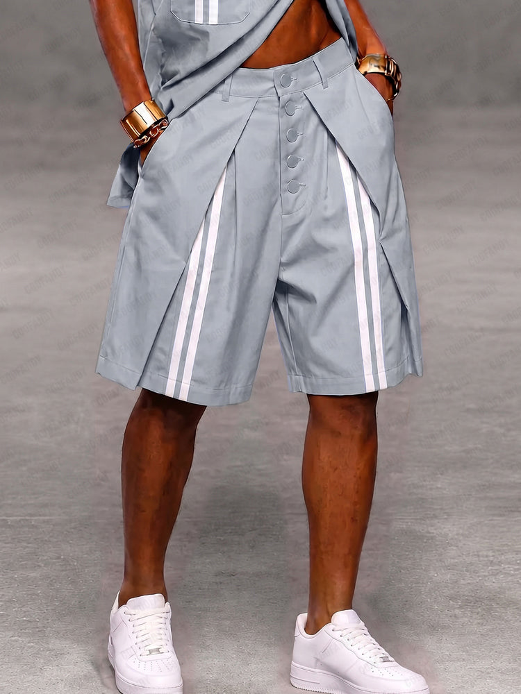 Casual Patchwork Detail Button Front Stripe Shorts - Gray