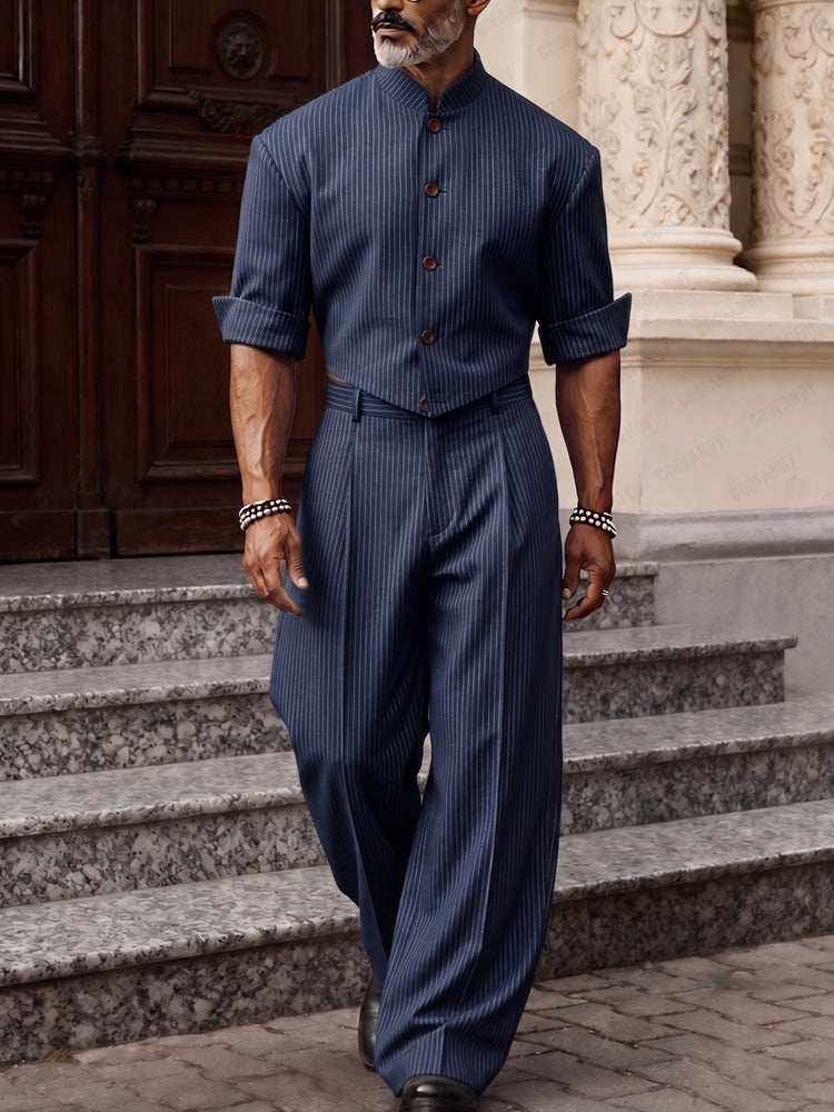 Smart Casual Designer Pinstripe Co-ord Set - Navy Blue