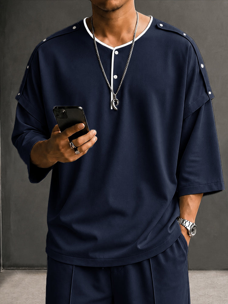 Casual Contrast Button Detail Henley T-Shirt - Navy Blue