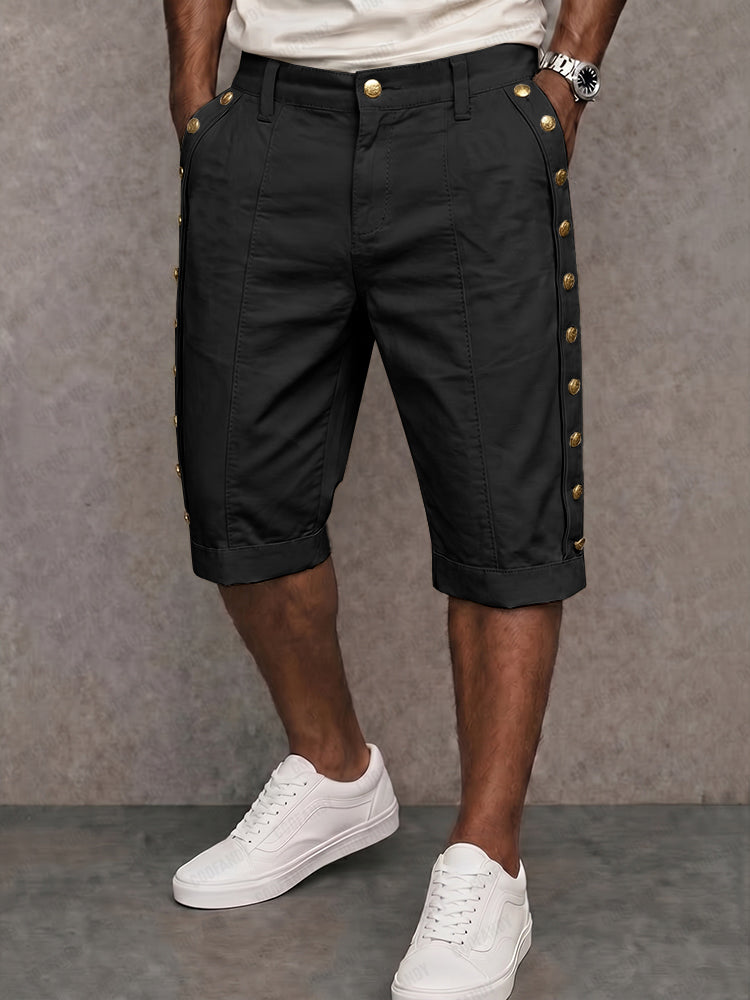 Versatile Side Button Trim 100% Cotton Shorts - Black