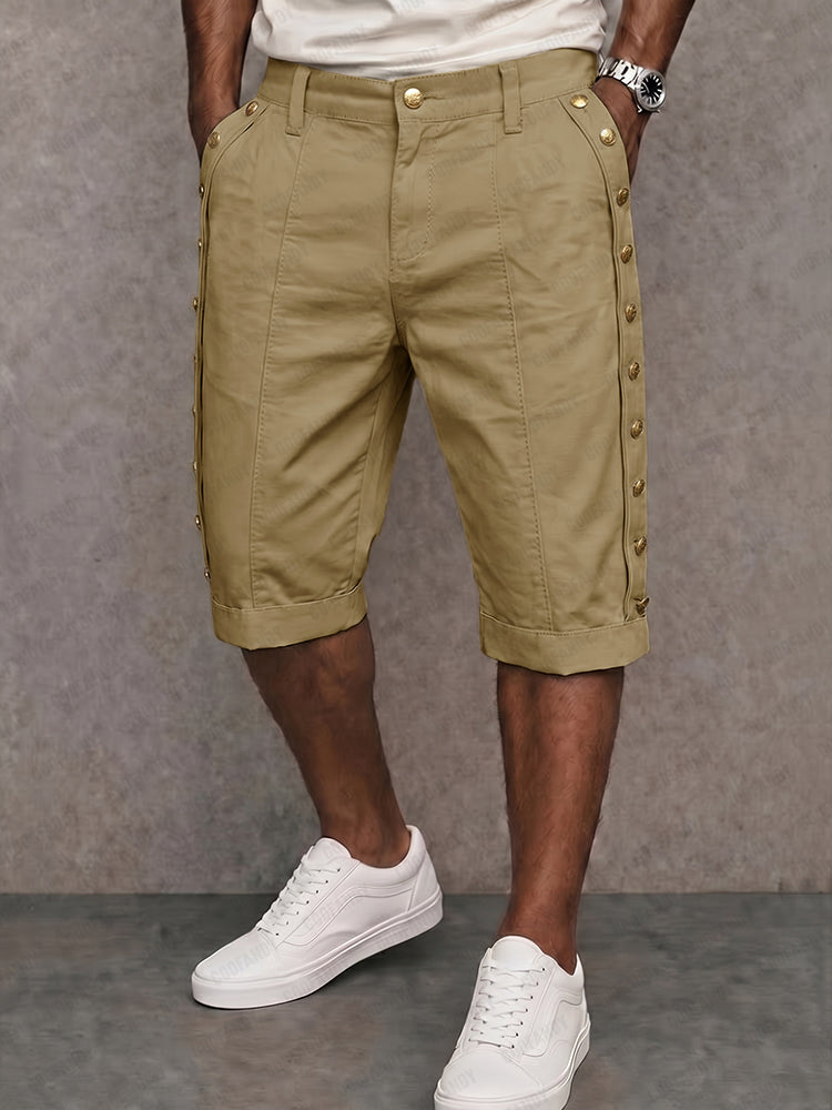 Versatile Side Button Trim 100% Cotton Shorts - Khaki
