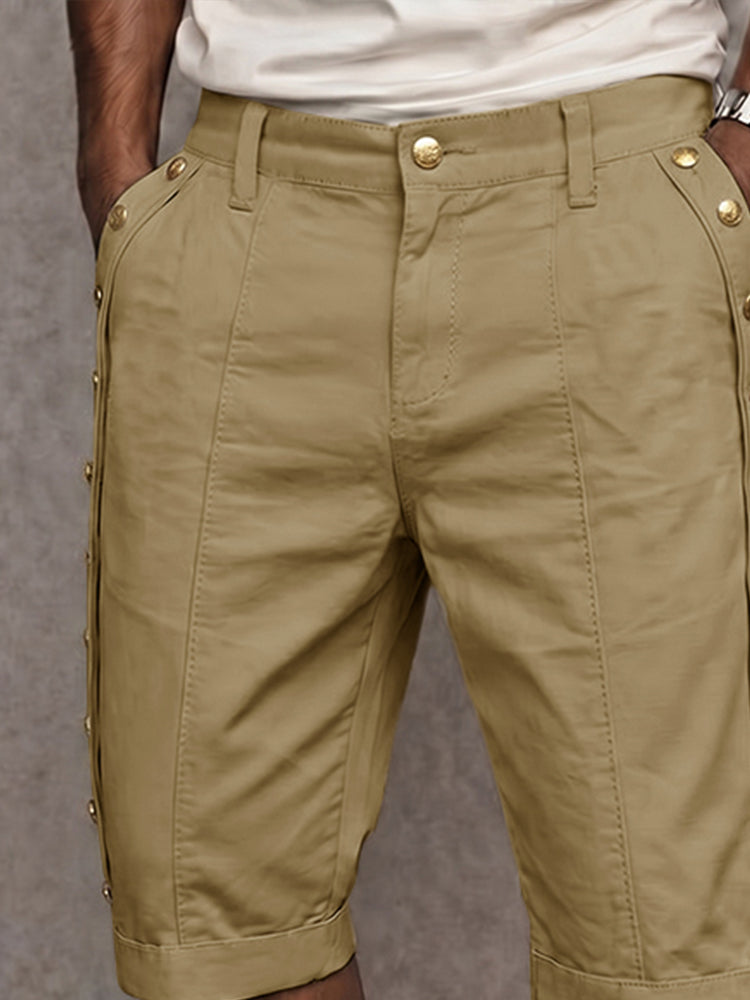 Versatile Side Button Trim 100% Cotton Shorts - Khaki