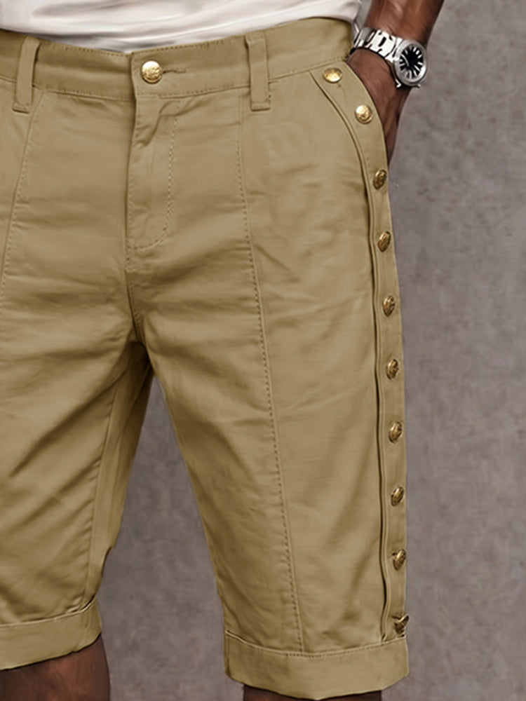 Versatile Side Button Trim 100% Cotton Shorts - Khaki