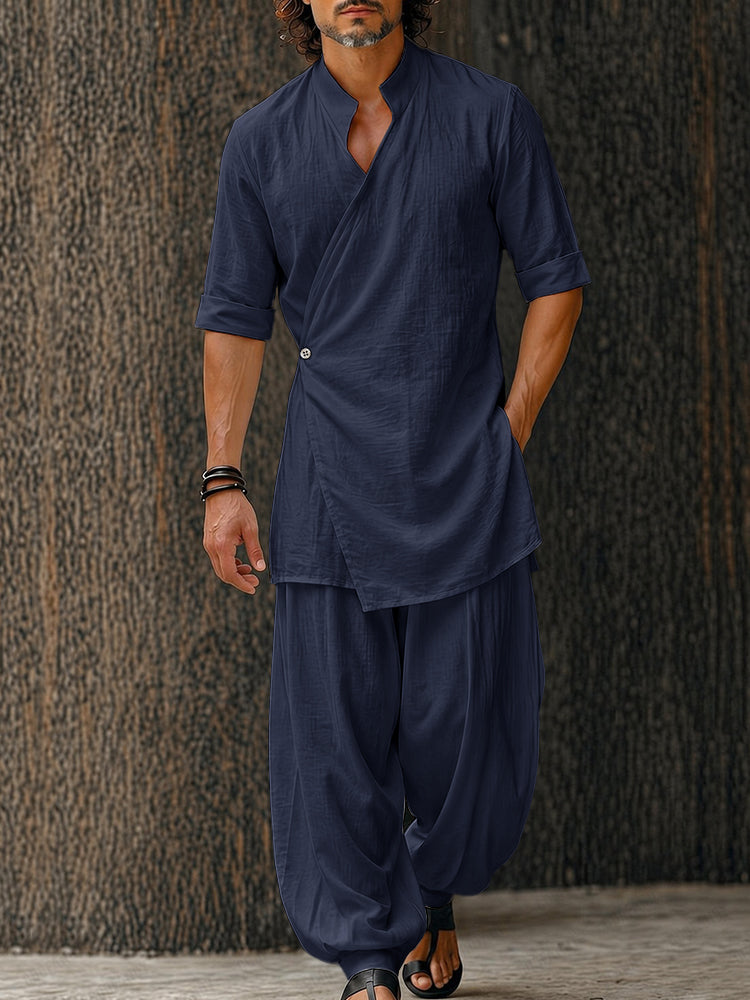 Minimalist Cotton Longline Wrap Shirt Pants Set - Navy Blue