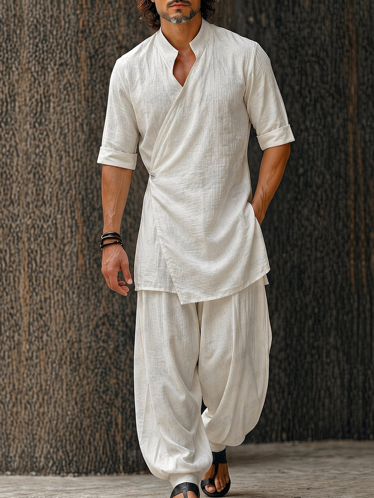 Minimalist Cotton Longline Wrap Shirt Pants Set - White