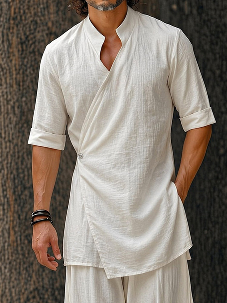 Minimalist Cotton Longline Wrap Shirt Pants Set - White