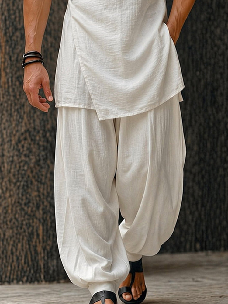Minimalist Cotton Longline Wrap Shirt Pants Set - White