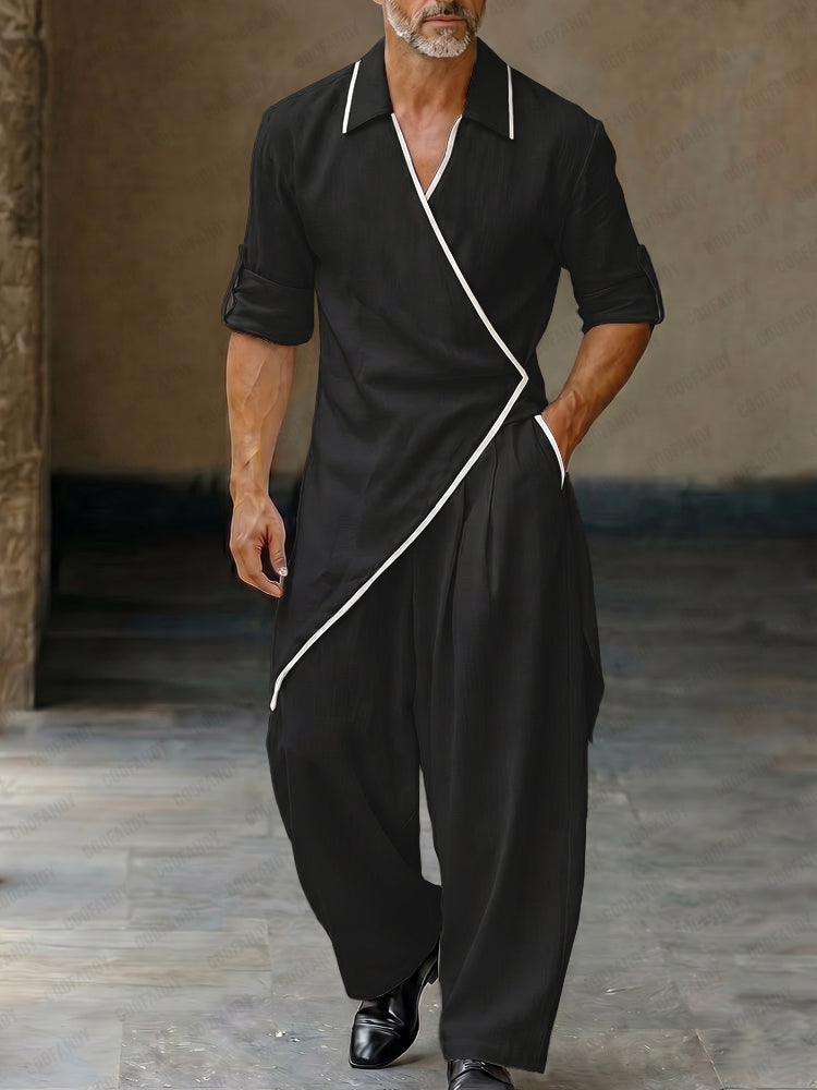 Asymmetrical Hem Contrast Trim Wrap Shirt Pants Set - Black