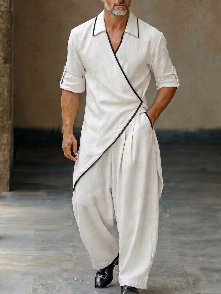Asymmetrical Hem Contrast Trim Wrap Shirt Pants Set - White