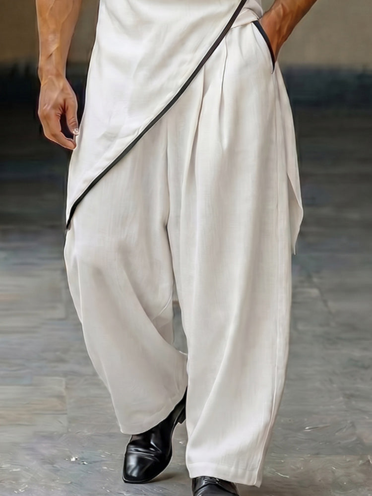 Asymmetrical Hem Contrast Trim Wrap Shirt Pants Set - White