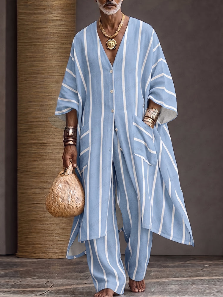 Summer Casual Vertical Striped Matching Set - Blue