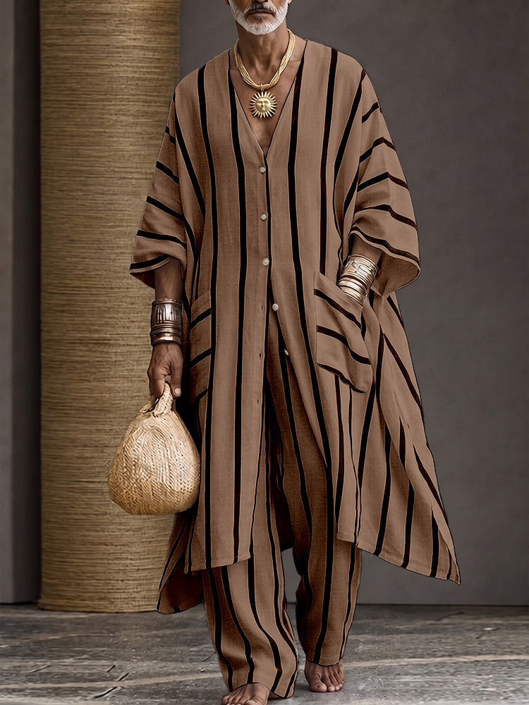 Summer Casual Vertical Striped Matching Set - Brown