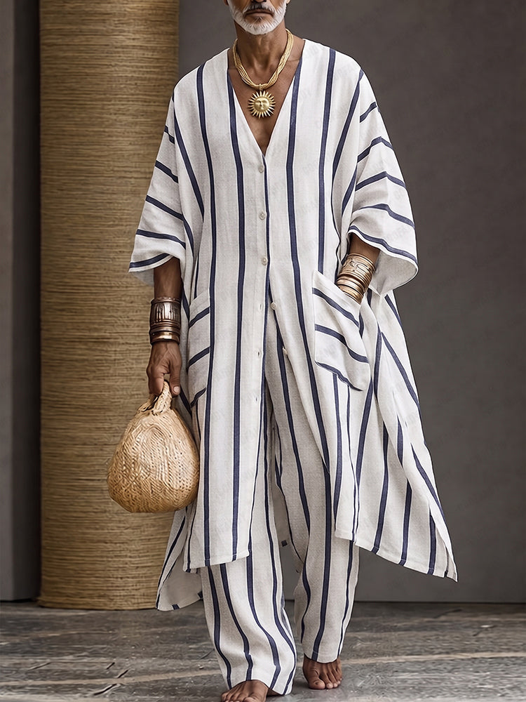 Summer Casual Vertical Striped Matching Set - White