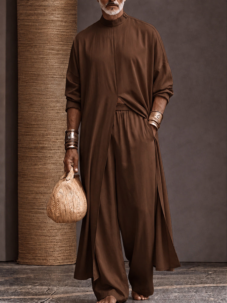 Minimalist Loose Longline Tunic Top Pants Set - Brown