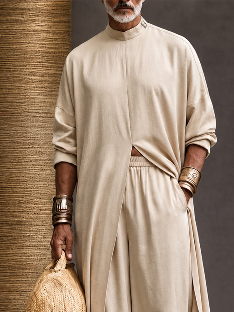Minimalist Loose Longline Tunic Top Pants Set - Beige