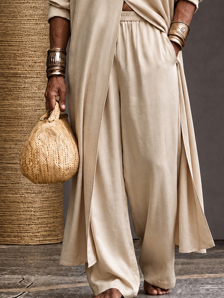 Minimalist Loose Longline Tunic Top Pants Set - Beige