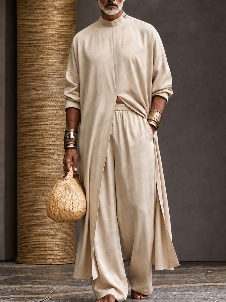 Minimalist Loose Longline Tunic Top Pants Set - Beige