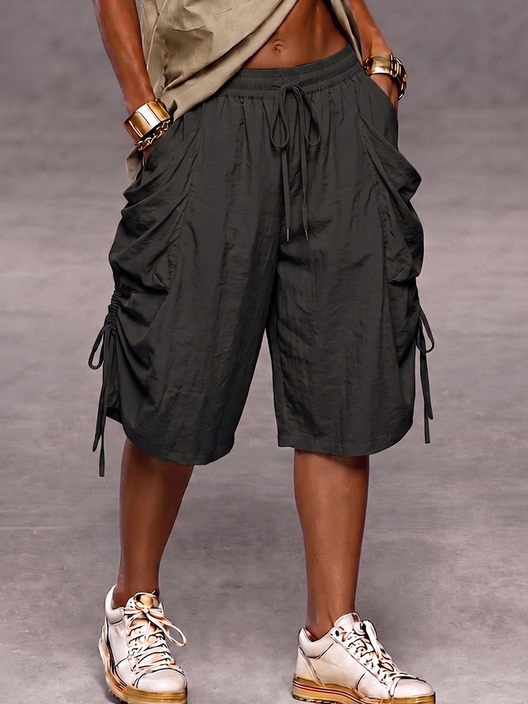 Utility Baggy Drawstring Cargo Shorts - Black