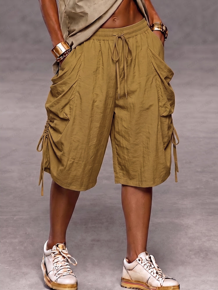 Utility Baggy Drawstring Cargo Shorts - Khaki