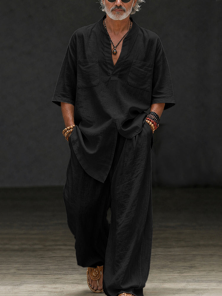 Casual Loose 100% Cotton V-Neck Top Pants Set - Black