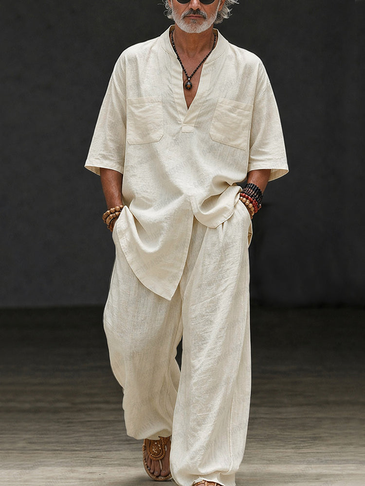 Casual Loose 100% Cotton V-Neck Top Pants Set - Beige